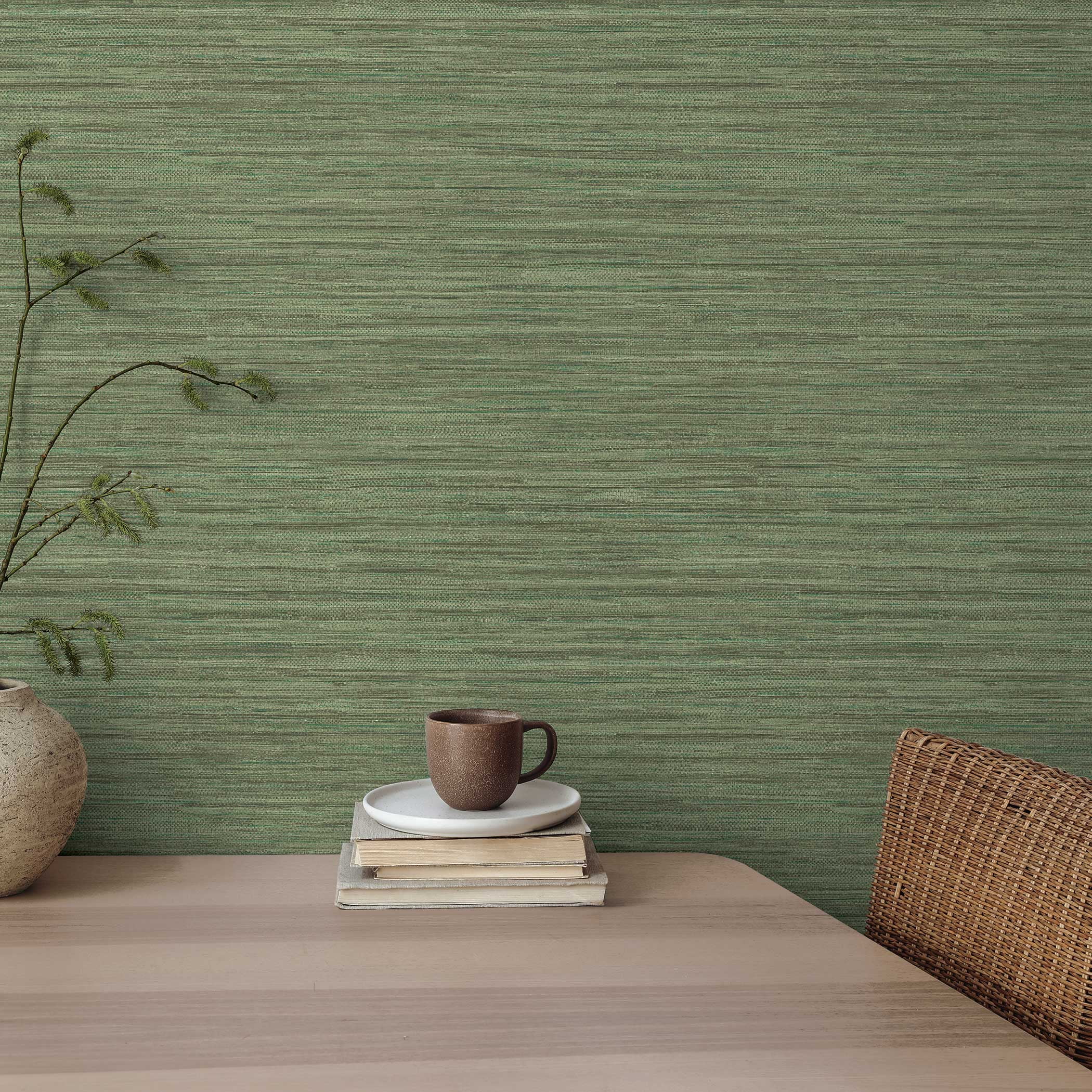 Tempaper Horizontal Faux Grasscloth Woodland Green Removable Peel and Stick Wallpaper, 20.5 in X 16.5 ft