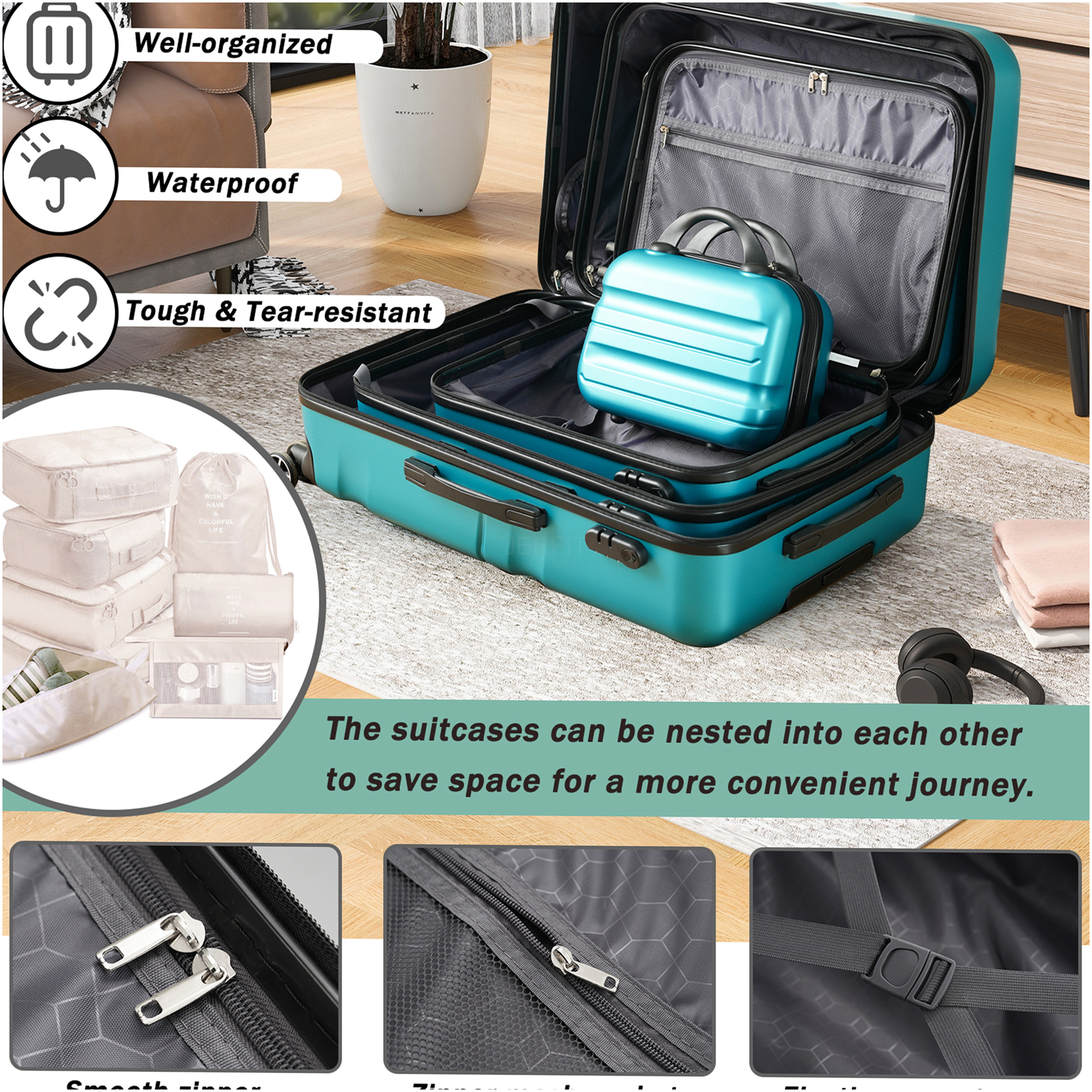 JERFIT 4-Piece ABS Hardshell Spinner Luggage Set, Lightweight Durable Suitcases with 360° Dual Wheels, TSA Lock, Expandable Design for Travel & Business, Blue