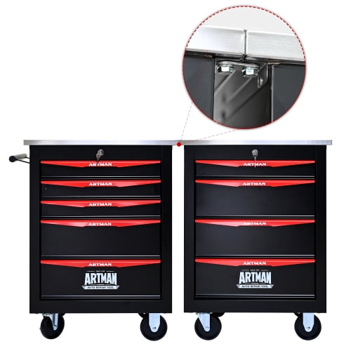 POVANLI 5 Drawer Portable Tool Box With Wheels,Tool Chest With Key Locking Tool Boxes/Organizers Black&Red
