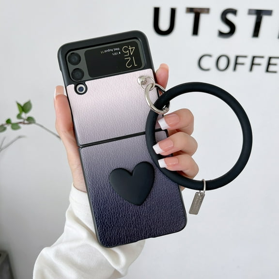 Cute Case Compatible with Samsung Galaxy Z Flip 3 with Hand Ring Strap Slim Hard PC Girls Women Case-Black