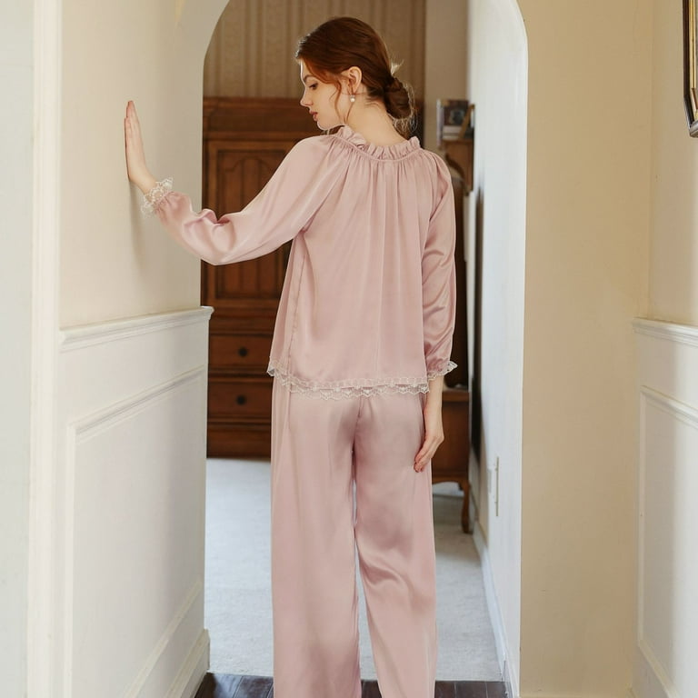 Homgro Women s Long Sleeve Pajamas Satin Lounge Set Soft Frill V Neck Cozy Pj Set Pink 14