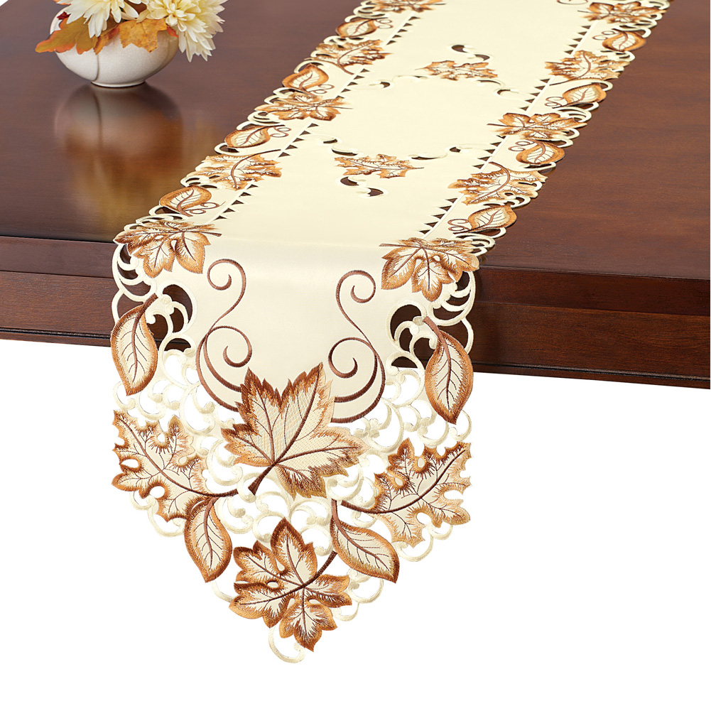 Collections Etc Embroidered Brown Fall Leaves Table Topper RUNNER
