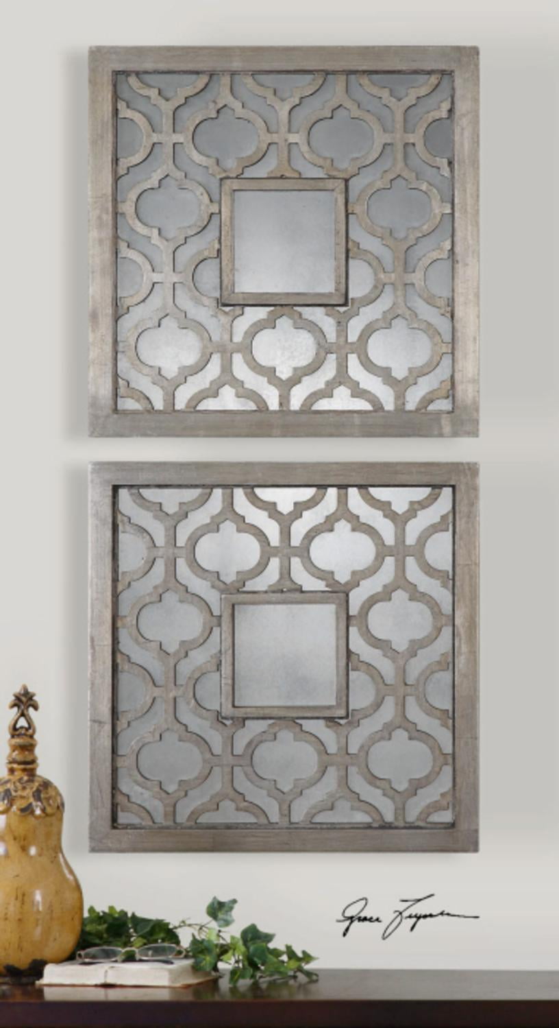 Silver Leaf And Black Undertoned Square, Decorative Wall Mirrors Set Of 2