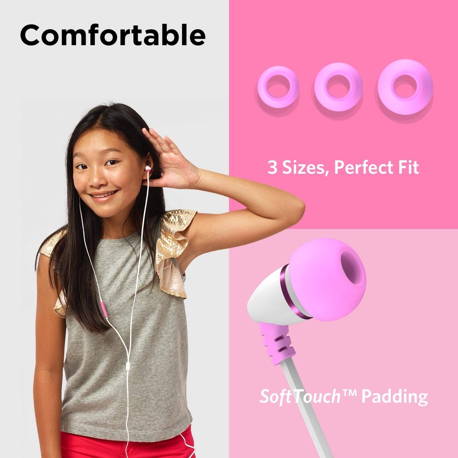 LilGadgets BestBuds Volume Limited, Wired in-Ear Earbuds for Kids (Includes Microphone, Travel Case & Splitter) Ear Buds for Kids, Perfect Headphones for School - Pink