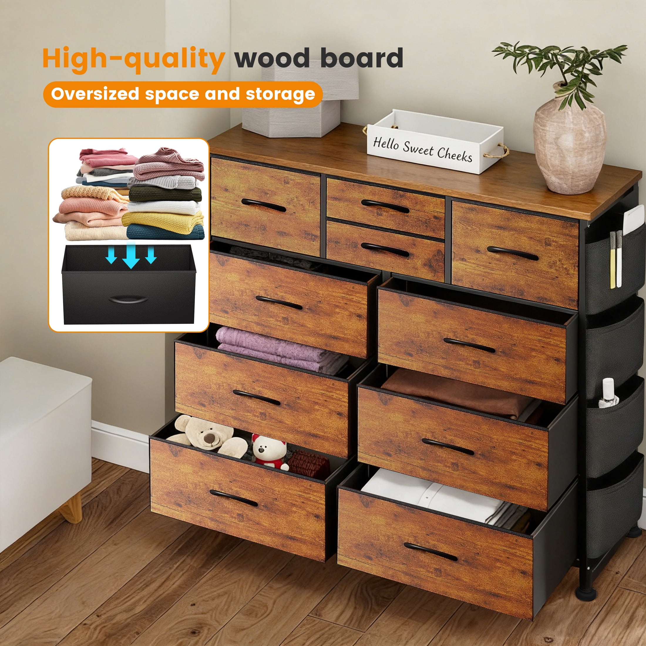 edx Dresser Storage with 10 Drawers, Fabric Dresser Tower with Side Bag, Storage Unit for Bedroom, Closet, Office, Rustic Brown