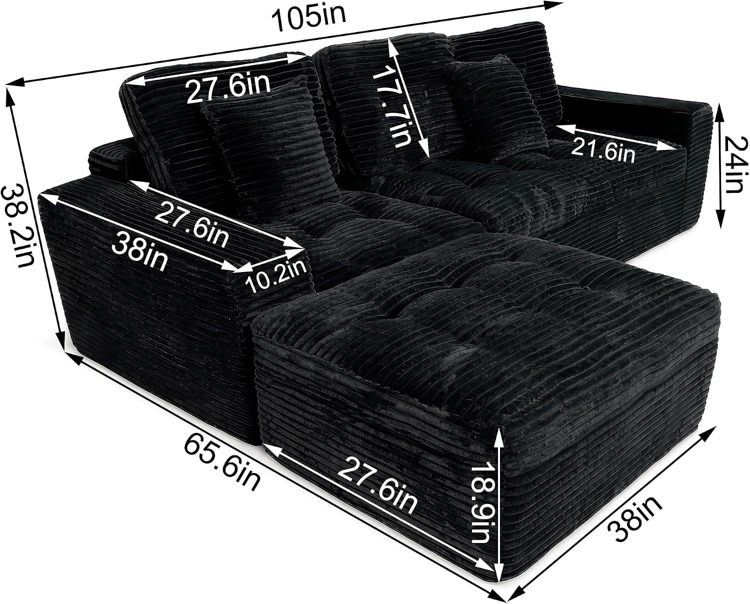 105" Modular Cloud Sectional Sofa with Ottoman, Faux Rabbit Fur Velvet, No Assembly Required, Black