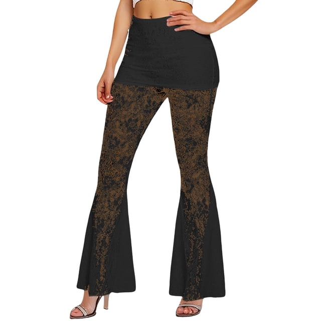 Pantalones acampanados de cintura alta con encaje para mujer: malla transparente, diseño floral, cintura elástica, cordón, transparentes, tallas S-L, encaje de poliéster, lavado a mano.