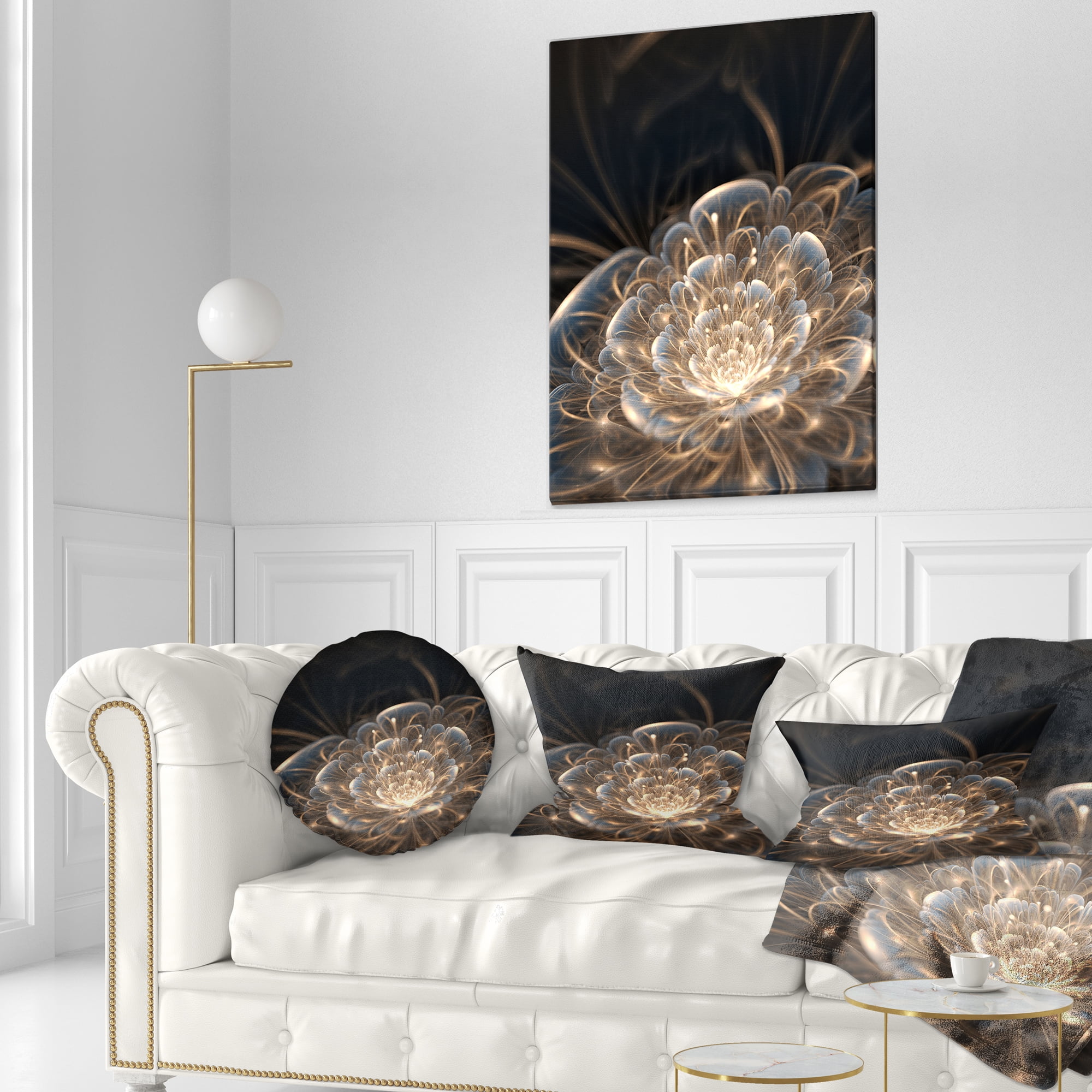 Designart Fractal Flower with Golden Rays - Floral Throw Pillow - 12x20