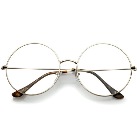 Classic Oversize Slim Metal Frame Clear Flat Lens Round Eyeglasses 56mm (Gold / Clear)