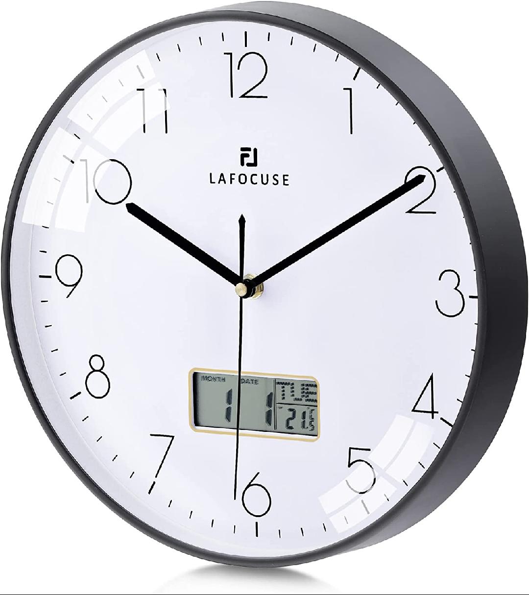 Black Wall Clock with Date,Month,Day of Week and Temperature, Silent NonTicking Battery