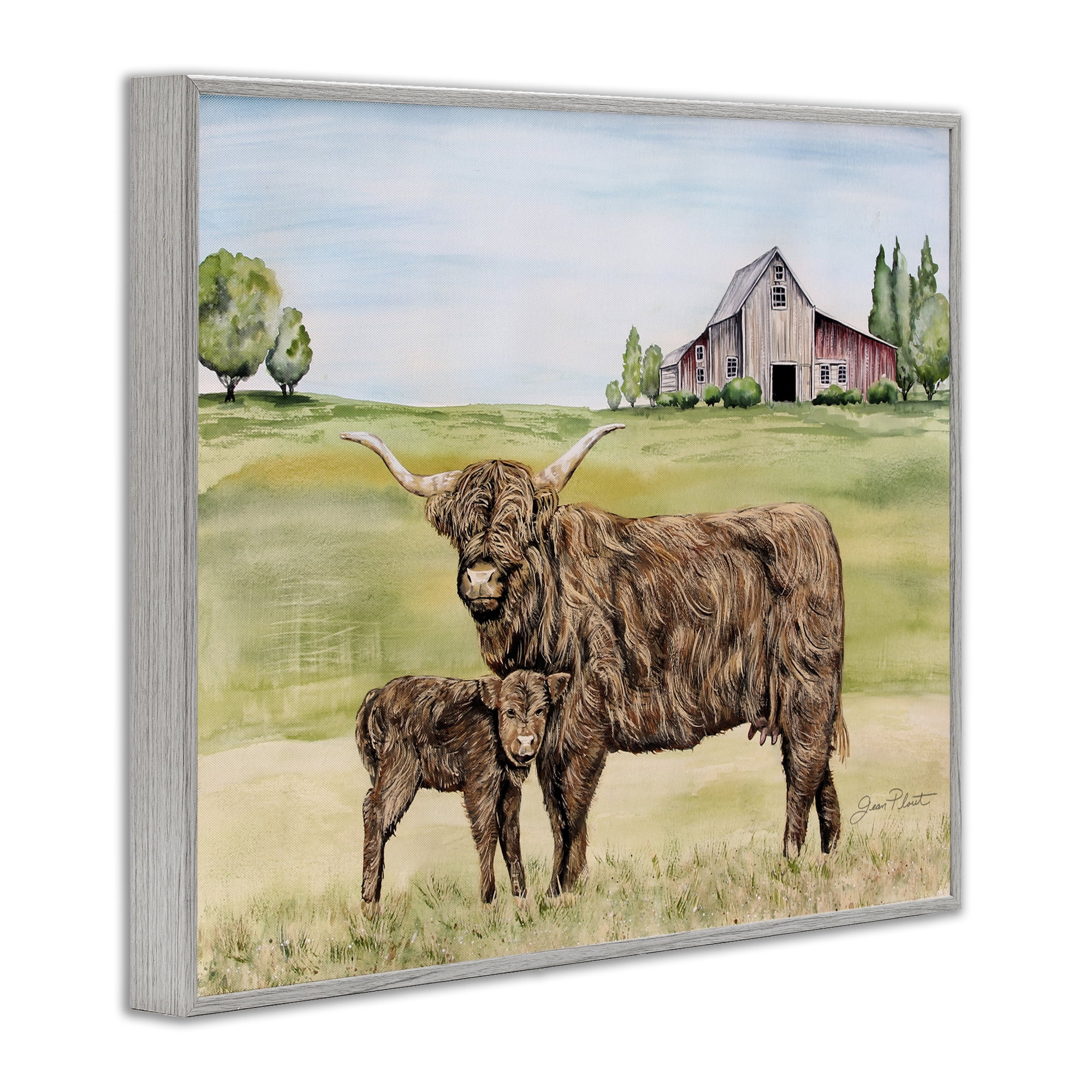 Highland Cow And Calf Gray Framed Giclee Art, design by Jean Plout