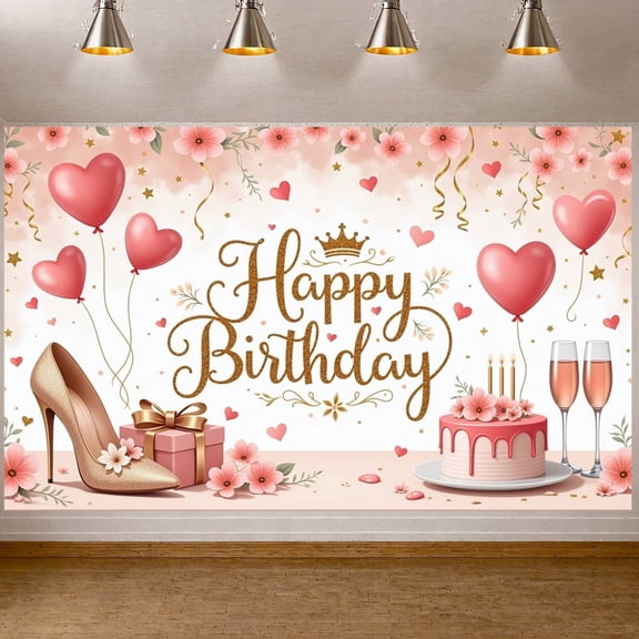 Pink Theme Banner Gold Glitter Birthday Party Display Balloon Decor Star Pattern Party Backdrop for Birthday Party Kids Celebration Photo Shoot