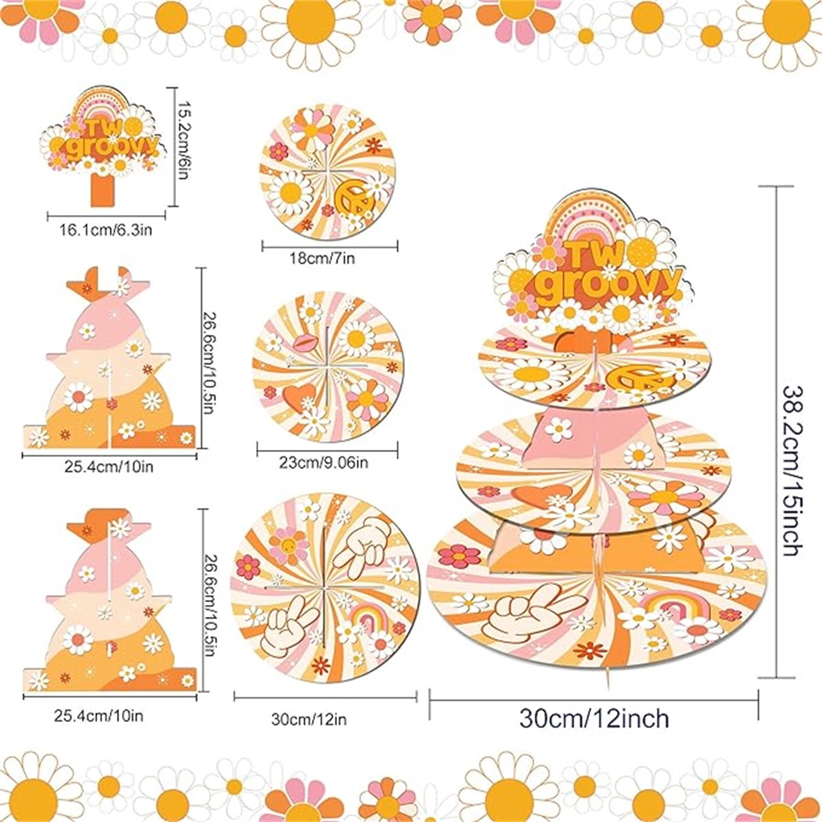 3-Tier Groovy Hippie Cupcake Stand - Retro Boho Dessert Tower For Birthday Parties, Rainbow Daisy Theme