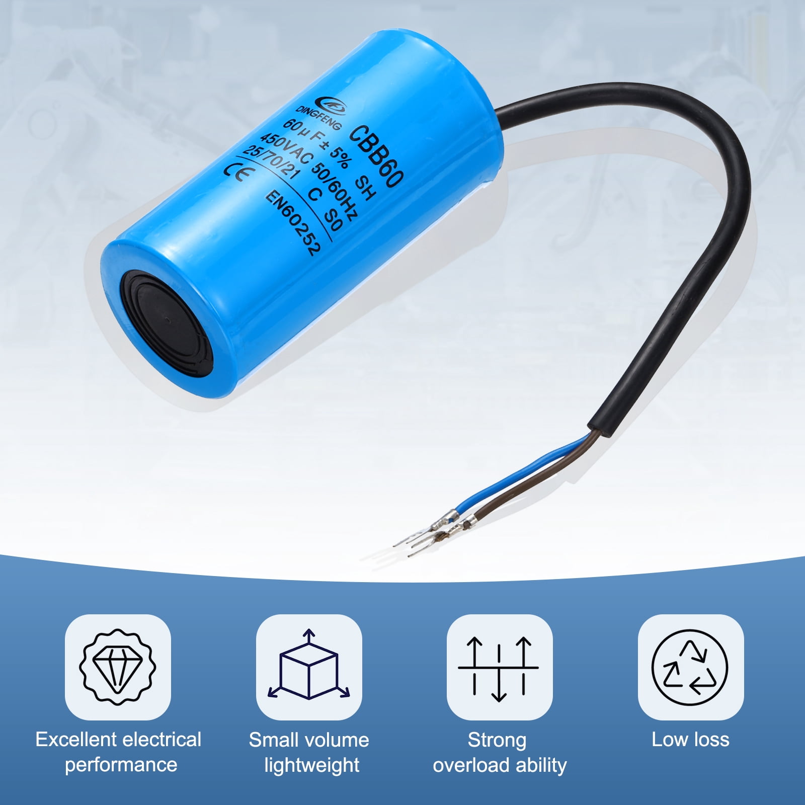 CBB60 60uF Running Capacitors, AC 450V 2 Wires 50/60Hz Cylinder 102x50mm