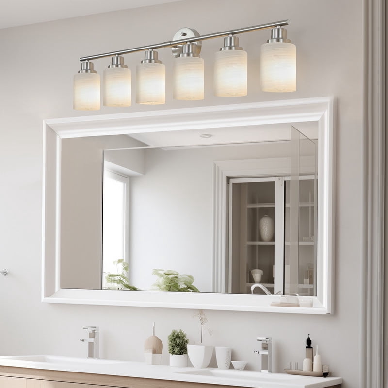 39" Modern 6-Light Brushed Nickel Vanity Light - Frosted Glass Wall Sconce for Bathroom & Hallway (Bulbs Not Included)