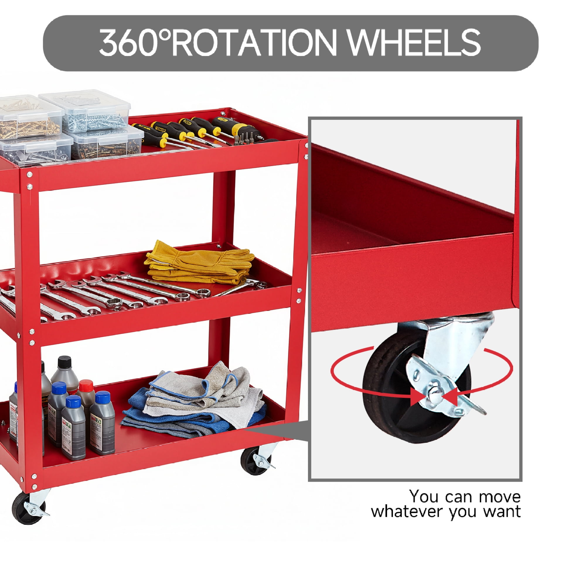 Leumius 3-Tier Rolling Tool Cart Utility Cart on Wheels, 450 lb Heavy Duty Rolling Tool Cart for Warehouse, Garage, Red