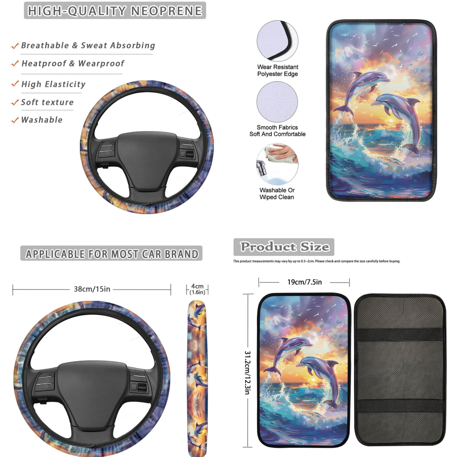 Jeiento Dolphin 17 Pcs Car Seat Cover Full Set with Car Floor Mats Steering Wheel Cover Keychains Seatbelt Pad Armrest Cover Cup Coasters Chapstick Holder Coasters Interior Automotive Accessory