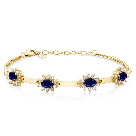 Gem Stone King 18K Yellow Gold Plated Silver Blue Sapphire and White Created Sapphire Bracelet for Women (3.82 Cttw, Gemstone September Birthstone, Oval 6X4MM, 7 inch 1 inch Extender)