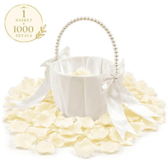 Flower Girl Baskets for Wedding - Flower Girl Basket With Pearl Handle And 1000 Pcs Silk Rose Petal for Wedding