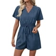thumbnail image 2 of Sokhug Short Sleeve Romper for Women V Neck with Smocked Waist Drawstring Casual Denim Look Jumpsuit, 2 of 8
