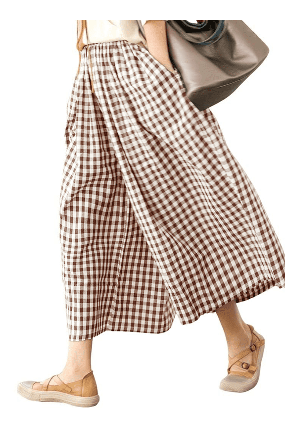 Women's Capri Plaid Pants Elastic Waist Gingham Wide Leg Palazzo Pants,Coffee