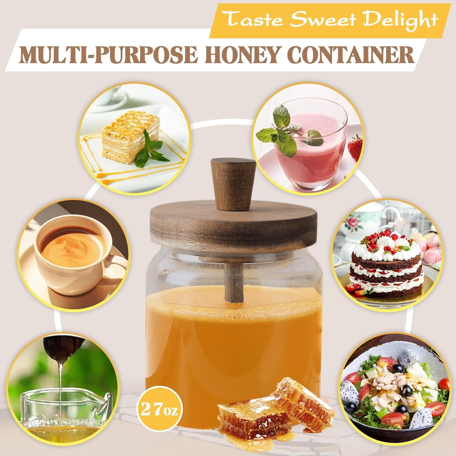 ABCISI Glass Honey Pot, Clear Honey Jar with Wooden Dipper and Lid Honey Holder Syrup Container with Drizzler for Storing Bee Honey Home Kitchen 16oz