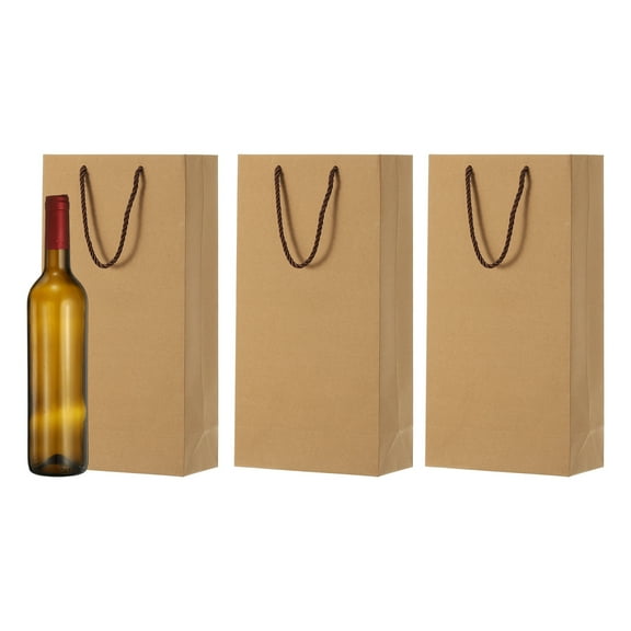 Uxcell 13.7" x 7" x 3.5" Wine Gift Bag, 3Pcs Double Bottle Kraft Paper Wine Bags Gift Tote Carrier Bottle Bag with Handles Bulk for Wedding Party Supplies, Birthday Holiday, Brown