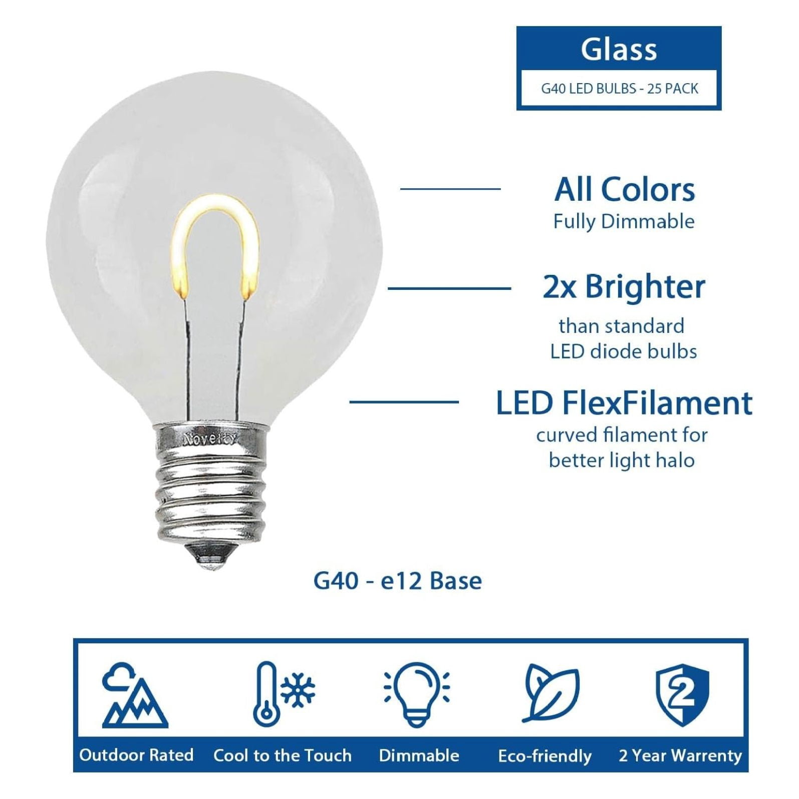 25 Pack G40 LED Glass Filament Outdoor Patio Globe Replacement Bulbs, Red/White/Blue, Dimmable, E12/C7 Base, 0.8 Watt