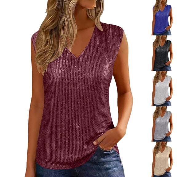 Women's Sequin Tank Top, Sparkly V-Neck Sleeveless Going Out Top for Women, Elastic Glitter Party Tops for Club, Holiday, Date Night and Evening Wear Black