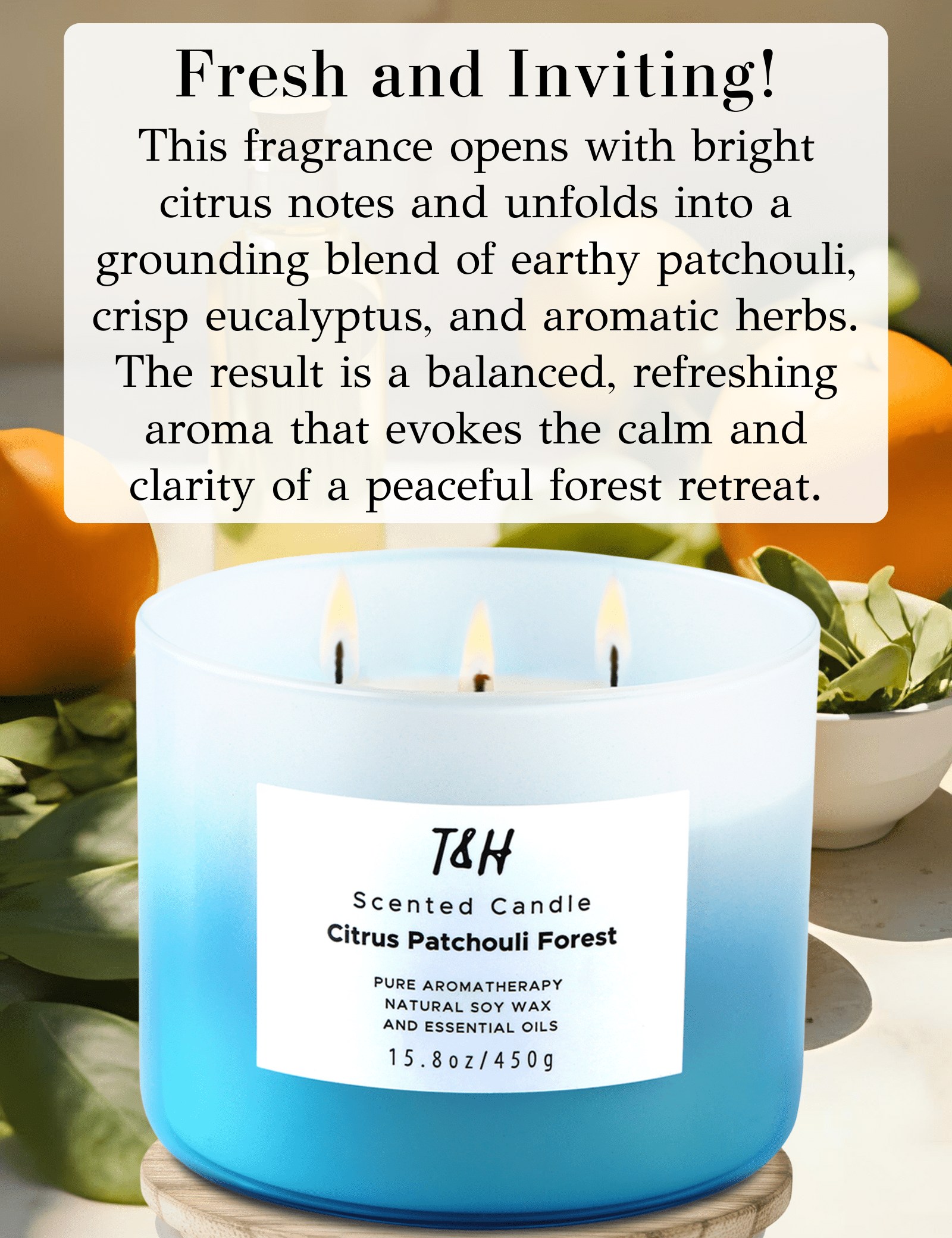 Citrus Patchouli Forest Scented Candle 3 Wick Aromatherapy Candle Long Lasting and Clean Burning Soy Candle for Men and Women Relaxing Candle for Home Scented