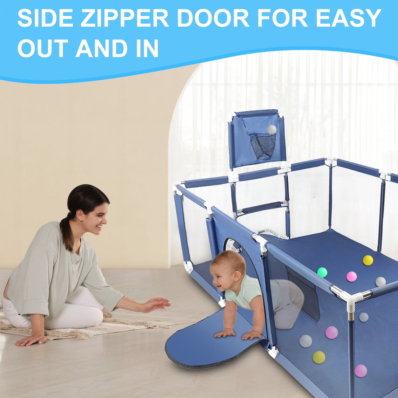71” x 48” Extra Large Baby Playpen with Basketball Hoop & Soccer Net, No-gap safety Play Yard for Babies & Toddlers, Sturdy Mesh Fence Ball Pit Area (No Balls)