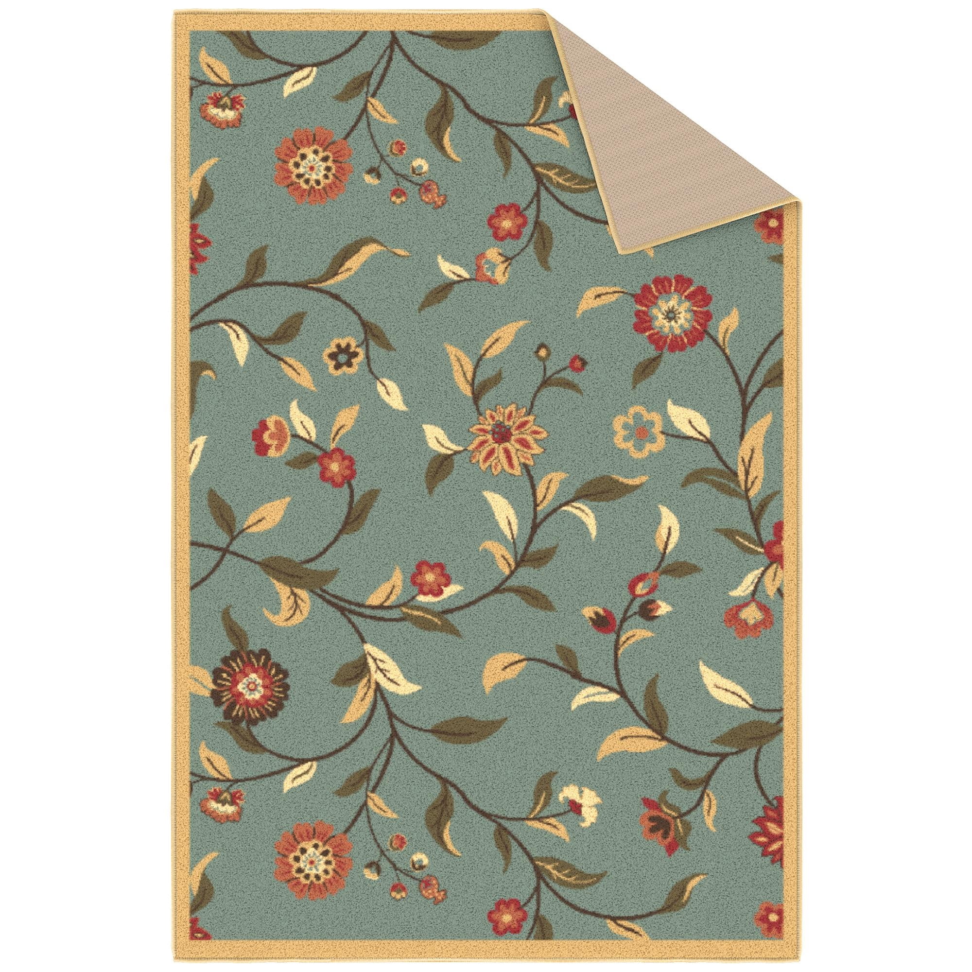 Ottomanson Floral Area Rug 3'3" x 4'7" - Non Slip Low Pile Carpet, Seafoam Green
