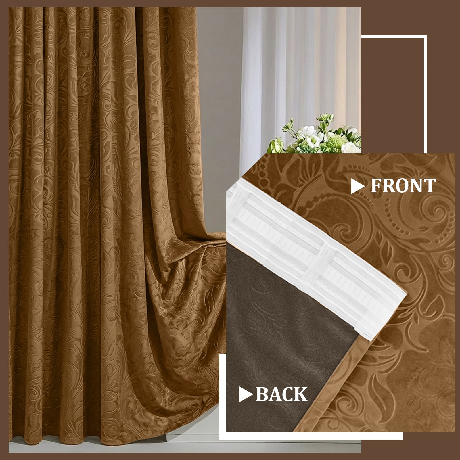 Lapalife Blackout Velvet Curtains, Scroll Floral Pattern Rod Pocket Thermal Insulated Velvet Curtain Drapes for Living Room, 2 Panels, 52"x 96", Golden Brown