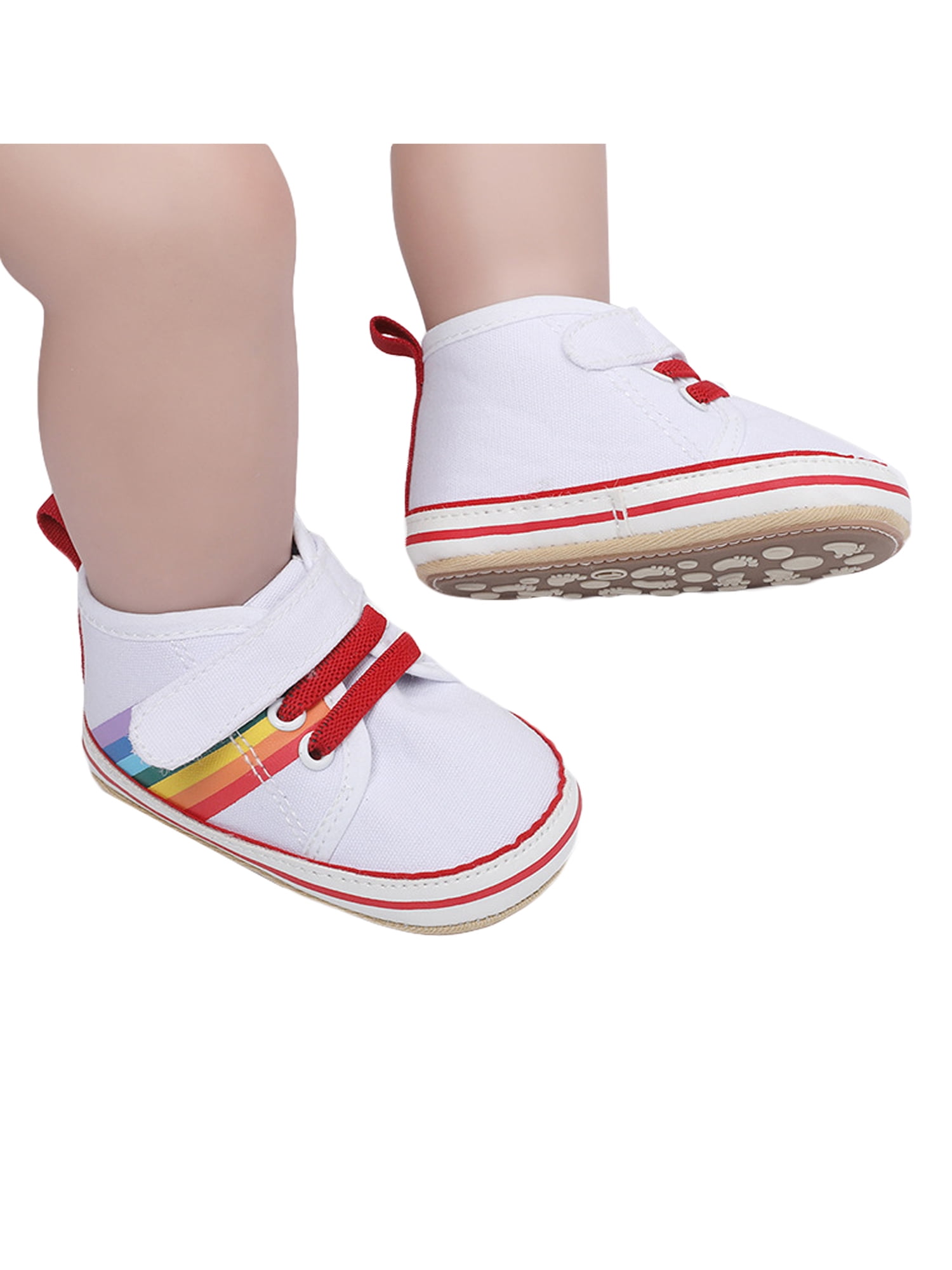 One opening Baby Boy Rainbow Canvas Sneakers Print High Top Design Press Tie Up Style Non-Slip Bottom Casual Flats Shoes