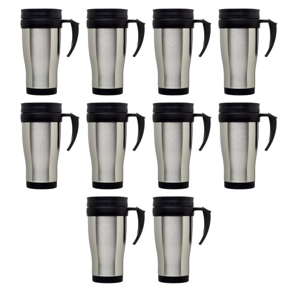Stainless Steel Travel Mugs with Handle 14 oz. Set of 10, Bulk Pack - Perfect for Iced Coffee, Soda, Other Hot & Cold Beverages - Silver
