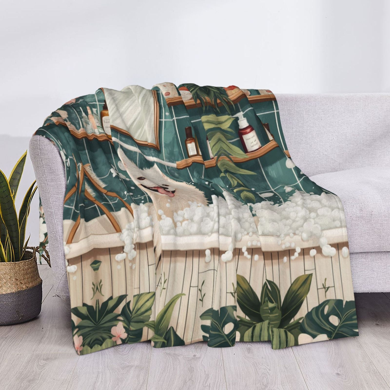 Throw Blanket for Couch - Dog in Tropical Bathtub Soft Comfy Lightweight Cozy Warm Throw Blanket, Fuzzy Plush Flannel Blanket & Throws for Sofa and Bed All Season