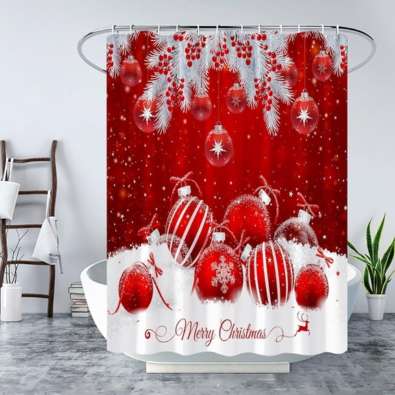 Merry Christmas Shower Curtain Red Christmas Ball Berry White Xmas Snow Pine Fir Branch Leaf Winter Holiday Glittering Bling Happy New Year Fabric Bathroom Curtain Set Decor with Hook