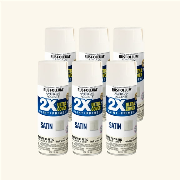 6 Pack, Heirloom White Rust-Oleum American Accents 2X Ultra Cover Satin Spray Paint-327920, 12 oz