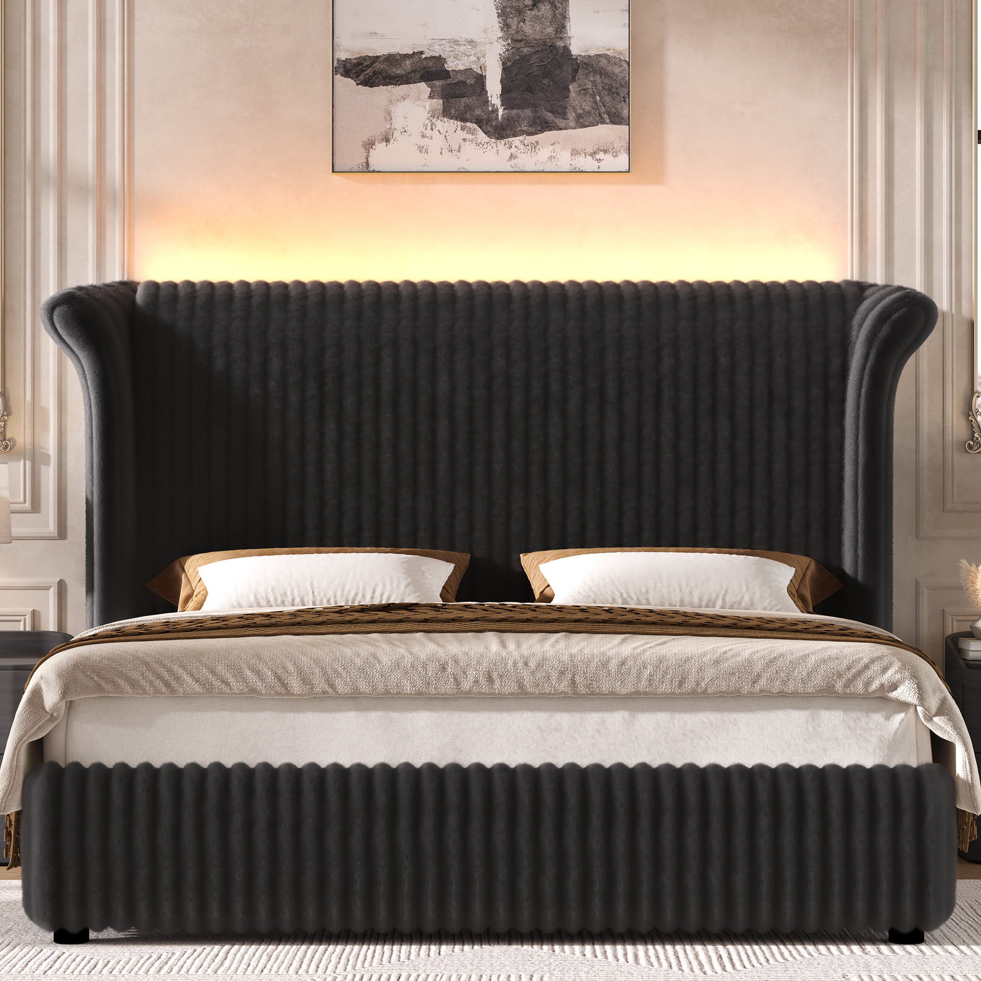 Hiphuta Corduroy Upholstered King Size Bed Frame with Headboard, LED Platform King Bed Frame with 55"H Tall Vertical Stripe Corduroy Wingback Headboard, Black