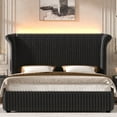 thumbnail image 5 of Hiphuta Modern Queen Size Corduroy Upholstered Bed Frame, LED Platform Bed Frame with 55"H Vertical Stripe Tufted Corduroy Velvet Wingback Headboard, Black, 5 of 9