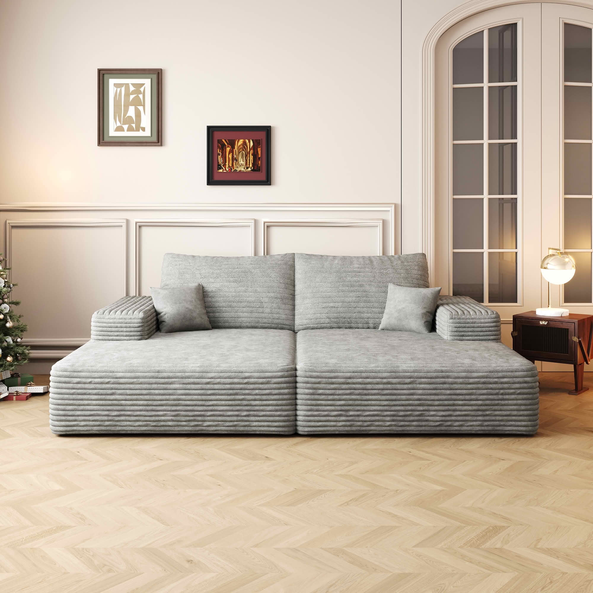 MAYEERTY 74.8" Ribbed Textured Corduroy Square Modular Floor Sofa, Oversized Deep Seat Cloud Loveseat Futon Sofa Bed, Chaise Lounger for Small Apartment Bonus Room, No Assembly Required