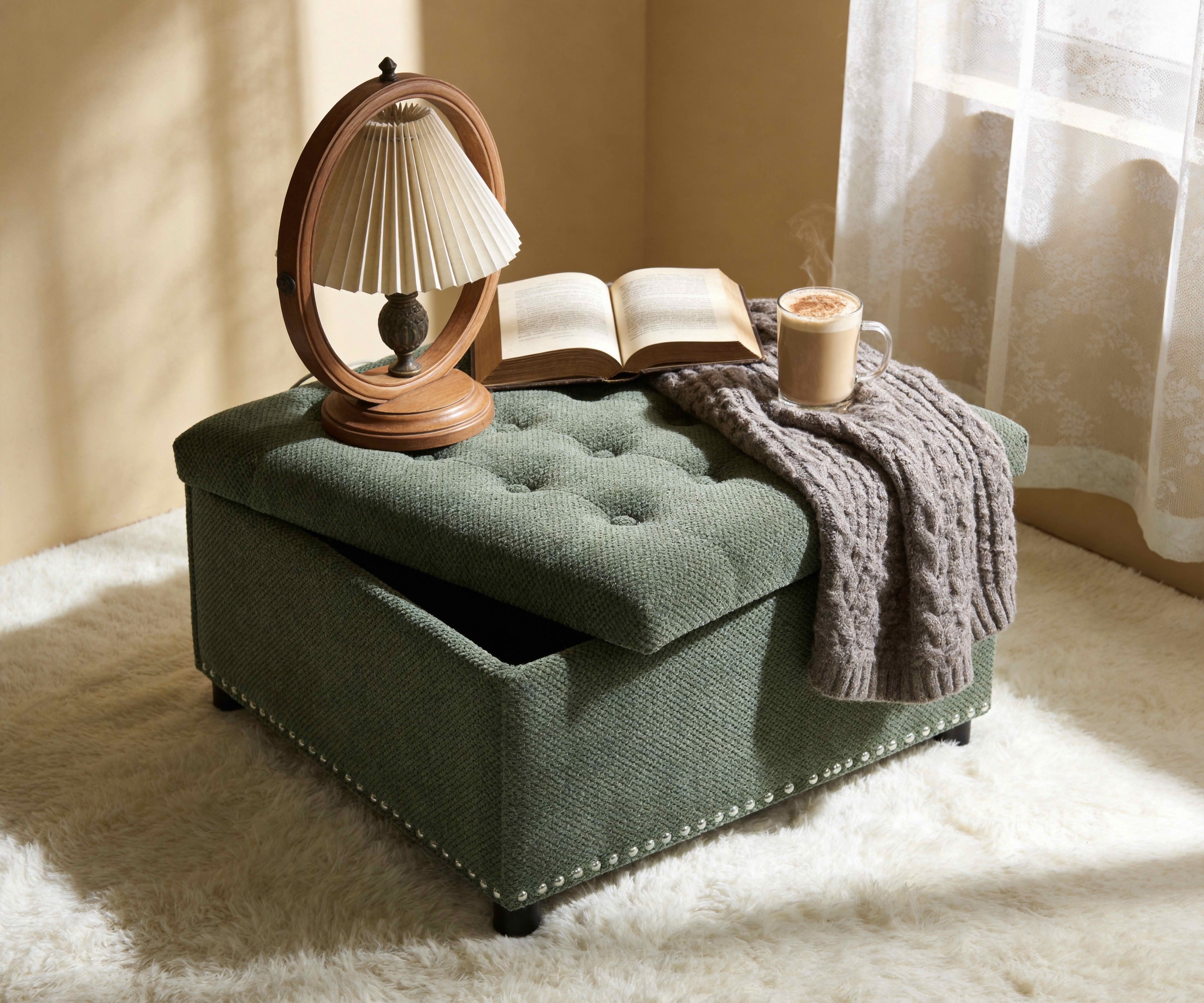 MAYEERTY 30 In Storage Ottoman, Tufted Footstool, Nailhead Trim, Square Ottoman, Green