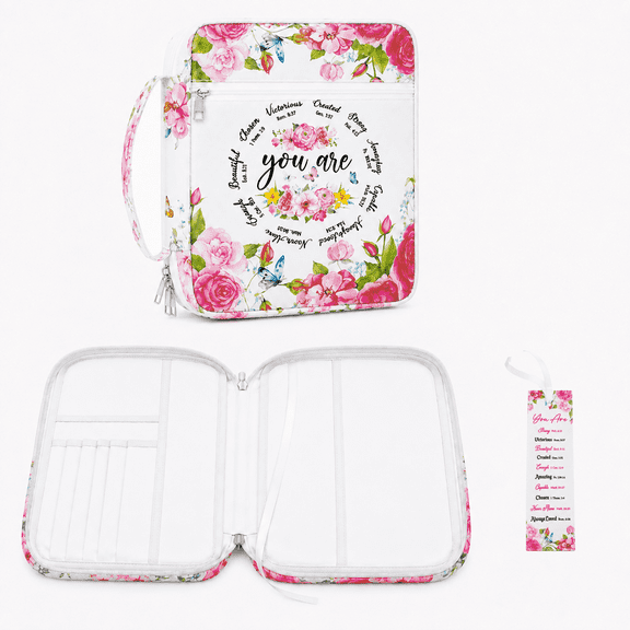 Bible Cover Case for Women, Pink Floral Canvas Bible Bag with Scripture Print, Handle, Zipper Pocket and Pen Loops, 10.6 x 7.4 x 2.3 in