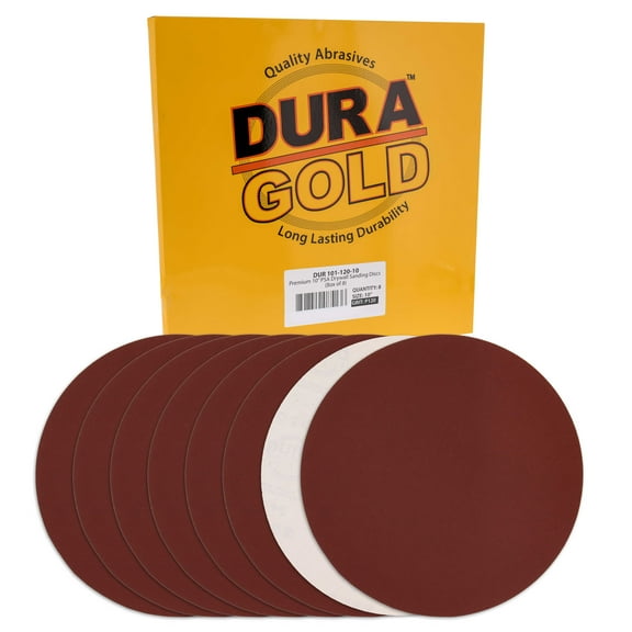 Dura-Gold Premium 10" Sanding Discs - 120 Grit (Box of 8) - Sandpaper Discs with PSA Self Adhesive Stickyback, Fast Cutting Aluminum Oxide Abrasive - Drywall, Floor, Woodworking, Auto, Sander