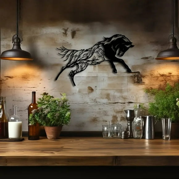 Art Mural en Métal Suspendu Arbre et Cheval Enchanteurs pour Ferme pour Amateurs de Chevaux et Pendaison de Crémaillère