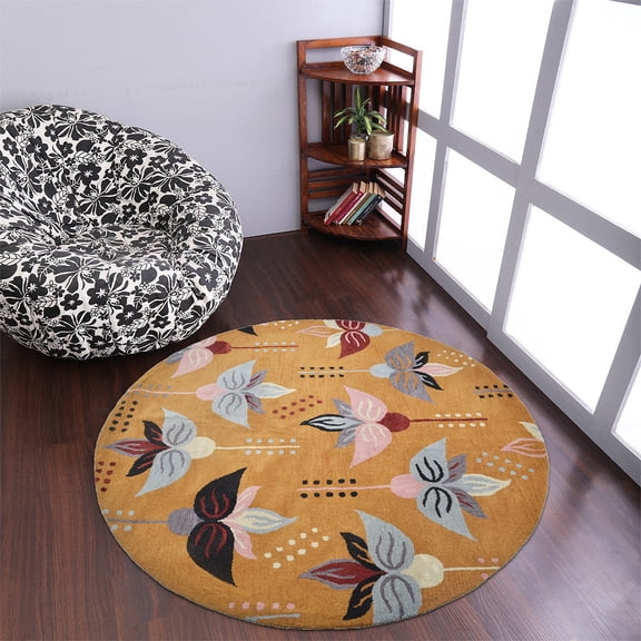 Rugsotic Carpets Hand Tufted Wool Eco-Friendly 8'x8' Area Rugs Round Gold Floral Modern High Pile Thick Handmade Anti Skid Indoor Rug for Living Room, Bedroom K00669