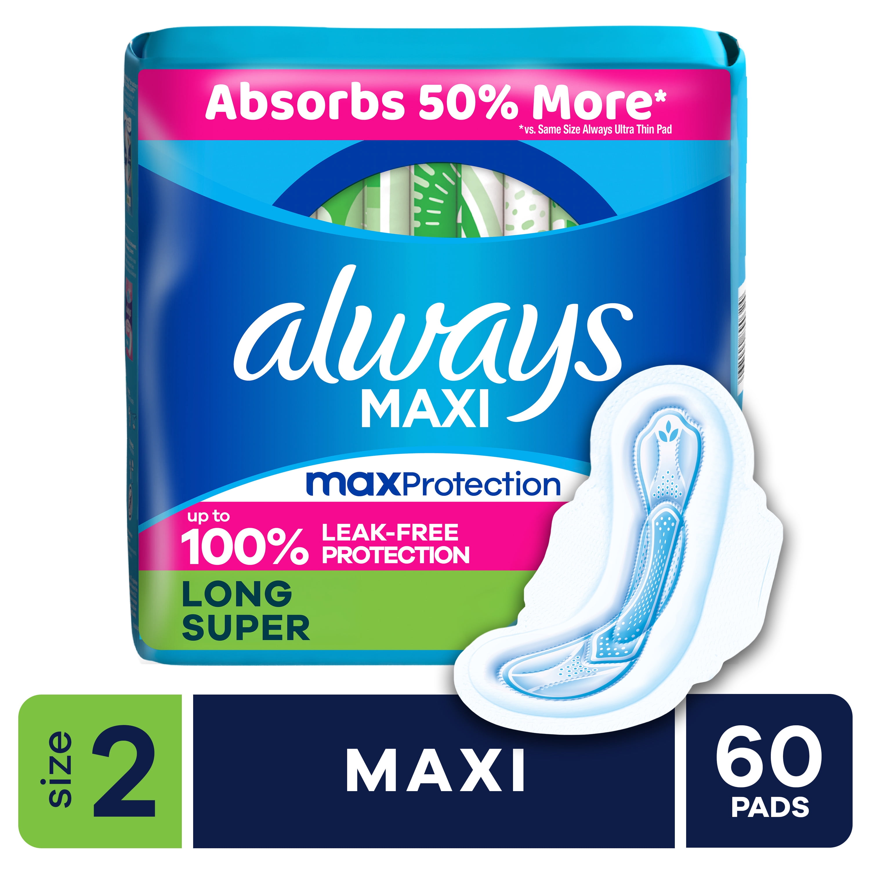 (6 pack) Always Maxi Pads with Wings, Size 2, Long Super, 60 Count