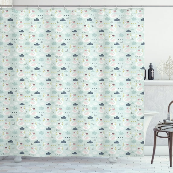 Swans Shower Curtain, Repetitive Pastel Tones Cute Doodle Unicorn Aquatic Animal, Fabric Bathroom Set with Hooks, 69"WX70"L, Pale Pink Pale Seafoam and Slate Blue, by Ambesonne