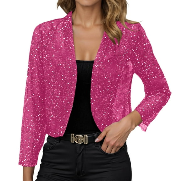 Women's Sequin Jackets Long Sleeve Open Front Solid Cardigan Coat Lightweight Fall Fashion Party Casual Classic Blazer Hot Pink L