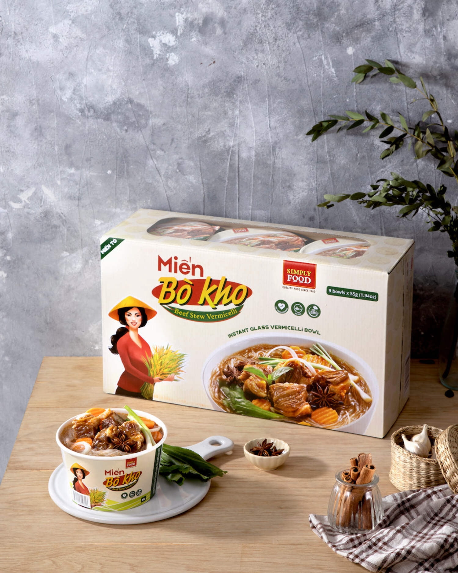 Instant Beef Stew Glass Noodle (9 Bowls/Box): $1.99 per Bowl (55g), Fork Included by Simply Food